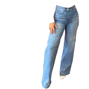 Quality Vintage Washed Embroidery Rhinestone Flower Embellished Casual Denim Jeans Women