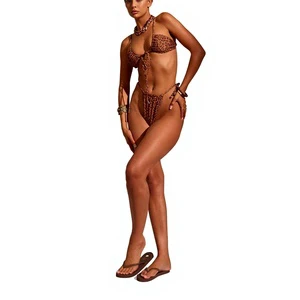 Hot Girl Super Micro Beach Teen Young Girl Bikini 2 Piece Set V-neck Removable Padded Backless Leopard Spandex/Nylon Halter Lace