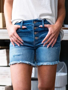 Summer Wear Casual Denim Jean Shorts High Waist Distressed Button Closure Women Skinny Fit Streetwear Washed Crop Top Simple