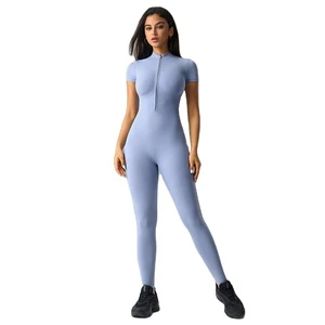 Women Short Sleeve Half Zip Buttery Soft Sculpting Yoga Jumpsuit Fitness Bodysuit Four-Way Stretch Breathable Spandex/Nylon