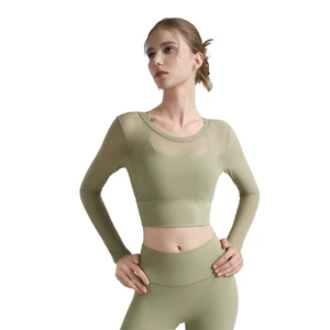 Women's Breathable Mesh Quick Dry Lightweight Yoga Top Crop Long Sleeve Solid Plus Size Fitness Tops