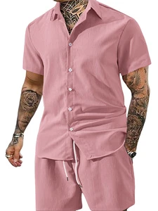 Men's Summer Lightweight Solid 2-Piece Casual Set 100% Polyester Breathable Quick Dry Eco-Friendly Short Sleeve Turn-Down Collar