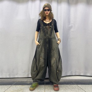 Y2204 Personalized Design, Irregular Cut, Vintage Denim Wide Leg Overalls, Women's Spring and Autumn High Waisted Jumpsuit