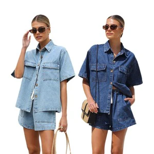 Summer Women's Casual Loose Pocket Short Sleeved Button Shirt Denim Suit Casual Fashion Retro Two-piece Denim Suit