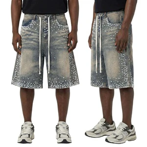 OEM Men's High Quality 100%Cotton Rhinestone Pearls Knee Long Jorts Baggy Summer Casual Bermuda Jeans Shorts for Men