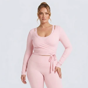Custom Plus Size Yoga Clothing Top Soft Rayon Ballet Wrap V Neck for Women Fitness Activewear Gym Long Sleeve Workout Crop Top
