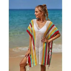 Summer Sunscreen Coat Beach Cover Ups Splicing Hollow Knitted Tassel Bikini Cover Ups