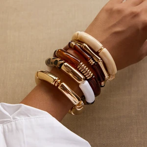 MW New Styles 2pcs Set Vintage Resin Bamboo Bangles UV Gold Plated Leopard Amber Resin Bamboo Joint Bangle Bracelets Wholesale