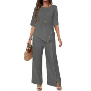 NY 2026 Women's Short Sleeve Trouser Suit Stylish Casual Button up Short Sleeve Shirt Loose Two Piece Set