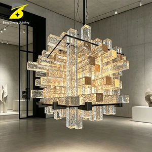 Water Textured Glass Block Chandelier Matte Black Metal Frame Stacked Rectangular Crystal Brick Sculpture Pendant Light Custom