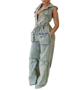 2025 Women's Jeans Stretch High Waist Pocket Denim Hooded Rompers Casual Denim Cargo Jeans Jumpsuits Women