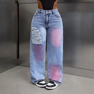 Custom Dirty Stained Graffiti High quality Baggy Straight Ripped High waist women's jeans