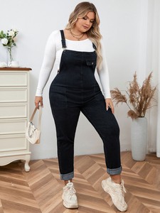 Women's Denim Bib Overalls Jumpsuit Straight Jean Style Pockets Machine Washable Casual Autumn Fall Outfit Sizes 0XL-4XL Black