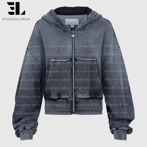 LARSUR Custom Factory Distressed Wash Cropped Denim Fight Bomber Jacket Hooded Biker Racing Motorcycle Twill Jean Jacket Women