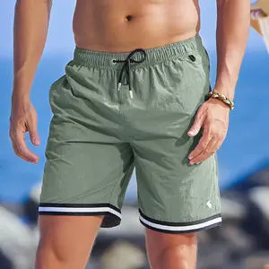 Wholesale Mens Quick Dry Running Shorts Solid Swim Trunks Contrast Striped Hem Short Elastic Waist Casual Beach Surf Shorts