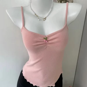 BM Summer Women's Slim Fit Camisole Sweet Cherry V-Neck Short Vest with Suspender Pure Furry Cotton Pleated Wood Ears for women