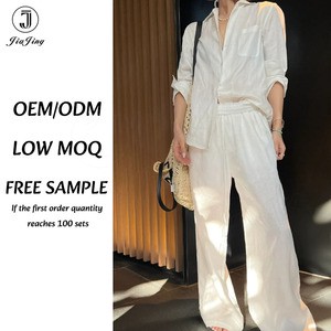Linen Pants Set Women Summer Casual Two Piece Outfit Breathable Wide Leg Trousers Private Label Apparel Manufacturer