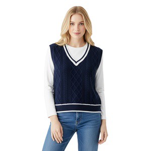 High Quality Custom Women Knit Sweater Sleeveless V-neck Preppy Style Knit Vest Stripe Jacquard Sleeveless Knit Top