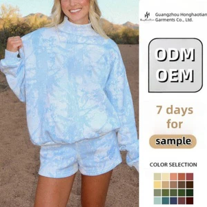Custom Women Blue Mock Neck Sweatshirt Shorts Set Two Piece Casual for Outfit Autumn Streetwear Tracksuit Mesh Breathable