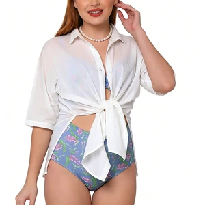 100% Organic Cotton Loose Fit Woven Casual Island Side Slit Beach Shirt Cover-Up with Button Summer
