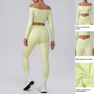 Wholesale Women's Solid Lace One-Shoulder Yoga Set High Waist Fitness Tracksuit