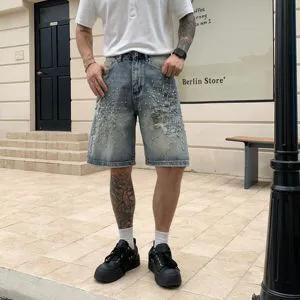 Manufacturer Wholesale Rhinestone Denim Shorts Men High Street Distressed Jorts Retro Washed Ripped Wide Leg Jean Shorts