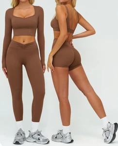 Newest High Support Adjustable Strap Sports Bra With Yoga Leggings Breathable 6pcs Women's Tops Solid Gym Wear Set