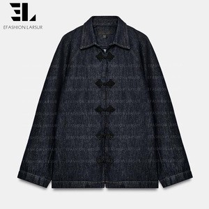 LARSUR Custom Factory Distressed Wash Chinese Style Denim Jacket Classic Streetwear Frog Button Denim Jean Shirt Jacket Women