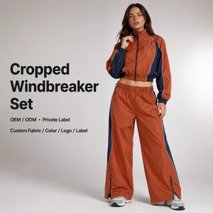Wholesale Tracksuit Womens Color Block Cropped Windbreaker Zip Up Jacket With Side Stripe Wide Leg Pants Sporty Tracksuit