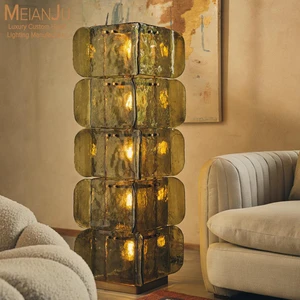 Italian Luxury Art Glass Floor Lamp, Olive Green Stacked Glass Brass LED Standing Light for Living Room Hotel