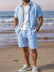 Factory Direct Sales Summer Knitted Blank Solid Color Diy Printing Loose Casual Lapel Breathable Men's Oversized Shirt Shorts