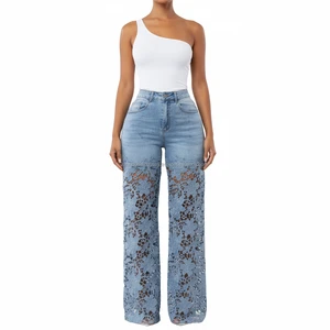 Custom OEM Women's Lace Denim Jeans Breathable High Waist Y2K Casual Streetwear Fashionable Distressed Wide Leg Bulk Wholesale