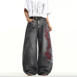Wholesale Vintage American Loose Printed Wide Leg Jeans Trendy Street Dance Hip-hop Denim Jeans Light Wash Summer Breathable
