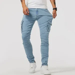 Men Jeans Solid Color Spring Autumn Multi Pockets Denim Cargo Pants Casual Mid Waist Trousers Slim Fit Male Daily Wear