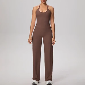 YS043 Cross-border Breathable Solid Color Brushed Backless Tight-fitting Halter Notched Neckline Sleeveless Yoga Leggings Set