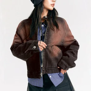 LARSUR Custom Factory Distress Vintage Wash Denim Jacket Zipper Motorcycle Biker Jeans Jacket and Coat for Women