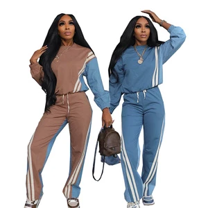 Hot Sale Women's Faux Denim 2 Piece Set Sexy Patchwork Striped Tracksuit Long Sleeve Sweatshirt and Jogger Pants Suit Plus Size