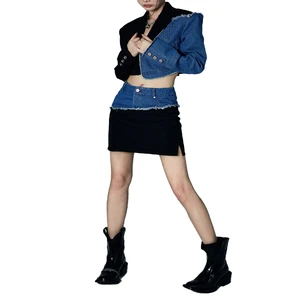 Custom Causal Denim Patch Suit Sets for Women's 2 Piece Outfits Lapel Collar Crop Blazer a Line Pencil Skirt Suit