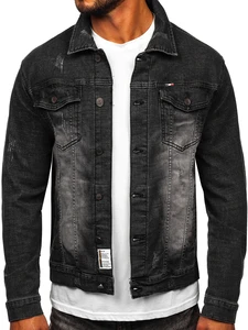 Men's Black Washed Denim Jacket Slim Fit Turn-down Collar Button Front Casual Autumn Wear