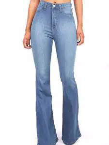 High Waisted Flare Jeans Full Length Solid Blue Cotton Denim Casual Vintage Style Women's Pants Stonewashed Woven Fit