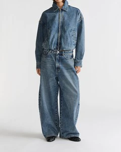 Vintage Washed Blue Denim 2-Piece Outfit Button Print Zip Collar Oversized Shirt High-Waist Baggy Wide-Leg Jeans Women Matching