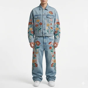 Men's Denim Jeans Jacket Set Streetwear Vintage Winter Two-Piece Outfit Heavyweight Mid Floral Pattern Baggy Wide Stonewashed