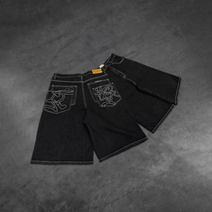 Custom Embroidery Logo Patchwork Pocket Custom Label Denim Straight Wide Leg Denim Shorts Baggy Fit Denim Jorts Men