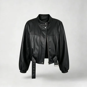 Women's Solid Oversized Belted Stand Collar PU Leather Coated Motorcycle Jacket Pockets Single Button Closure Autumn Short Coat