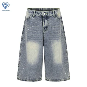YUANBOFEI High Quality Men's Denim Shorts Vintage Washed Rhinestone Hot Drill Wide Leg Knee Length Loose Street Capri Trousers