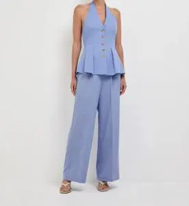 Wholesale Spring New Fashion Solid Belt Elegant Temperament Blue Cotton Linen Sleeveless Vest And Trousers Women's Suit
