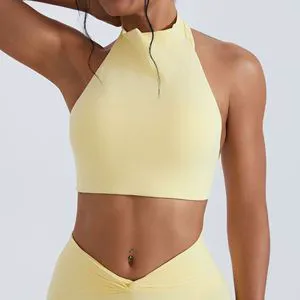 Crew Neck Yoga Nude Feel Halter Sports Bra High Support Removable Padded Bra Spandex/Nylon Material Anti-Shock for Casual