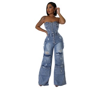 6028 Cross-Border for New European American Vintage Casual Fashion Strapless Women's Regular Fit Denim Jumpsuit Cargo Pants