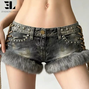 LARSUR Custom Factory Denim Patchwork Faux Fur Jorts Studded Summer Distress Wash Denim Cropped Shorts Pants Trouser for Women