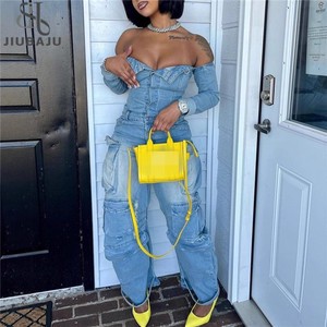 Multi-pocket Washed Cargo Denim Jumpsuit Woman Street Fashion Long Sleeve One Pieces Overalls for Women